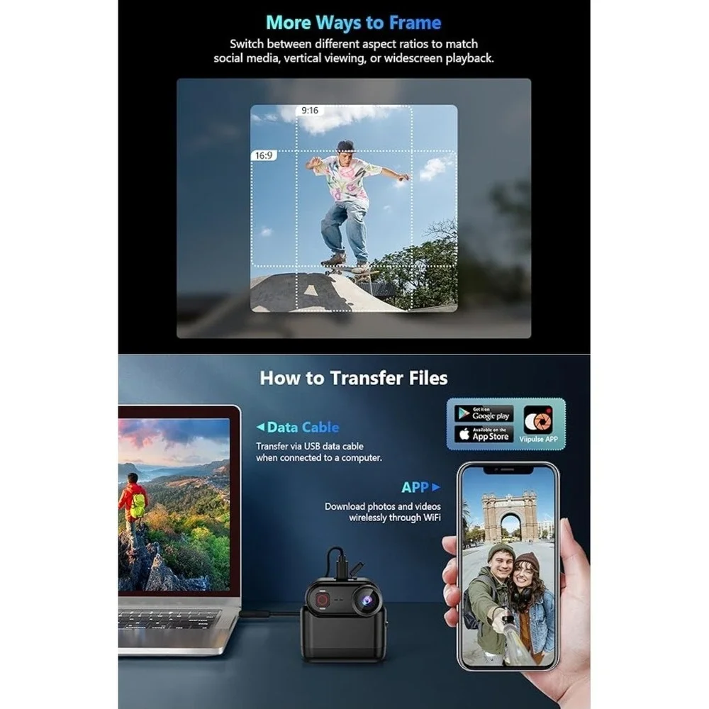 4K Thumb Action Camera WiFi Wearable POV Cam + Charging Action Pod 64GB Vlogging